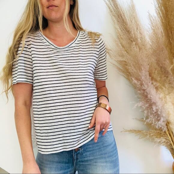 JOIE White Blue Striped Ruffle Tiered Eyelet Lace Back Tee Shirt Relaxed Top S - Picture 3 of 10